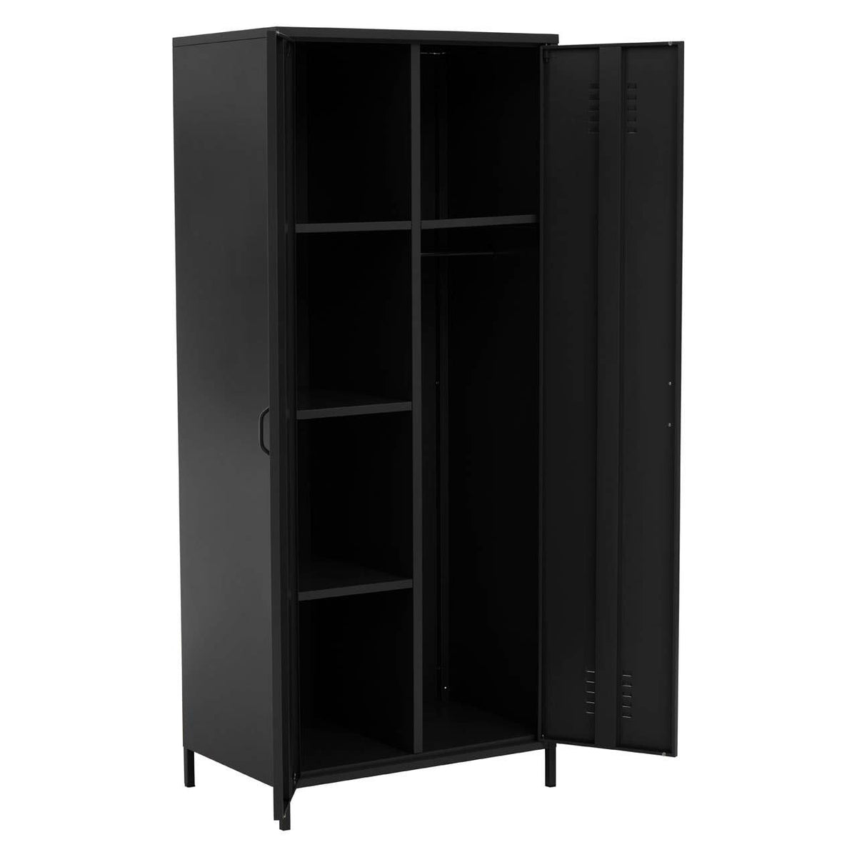 Black metal locker wardrobe with two doors open, showing interior shelves and hanging rail. Industrial style.