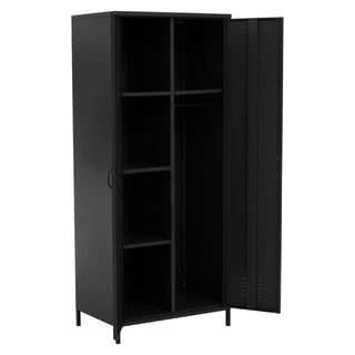 The CHOICEWARDROBE Ruston Black Metal Locker Wardrobe features two doors, interior shelves on the left, a tall hanging rail compartment on the right, and an industrial design that stands elegantly on four legs.