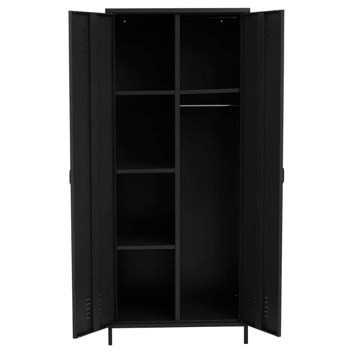 Black metal locker wardrobe with two doors, internal shelves and hanging rail