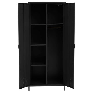 The CHOICEWARDROBE Ruston Black Metal Locker Wardrobe features 2 doors, four left-side shelves, a right-side hanging rail, and stands on four short legs—offering versatile industrial storage with modern style.