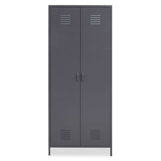 The CHOICEWARDROBE Ruston Grey Metal Locker Wardrobe features two doors with vented panels, adjustable shelves, a hanging rail, central handles, and stands on four short legs. This industrial storage cabinet is shown against a plain white background.