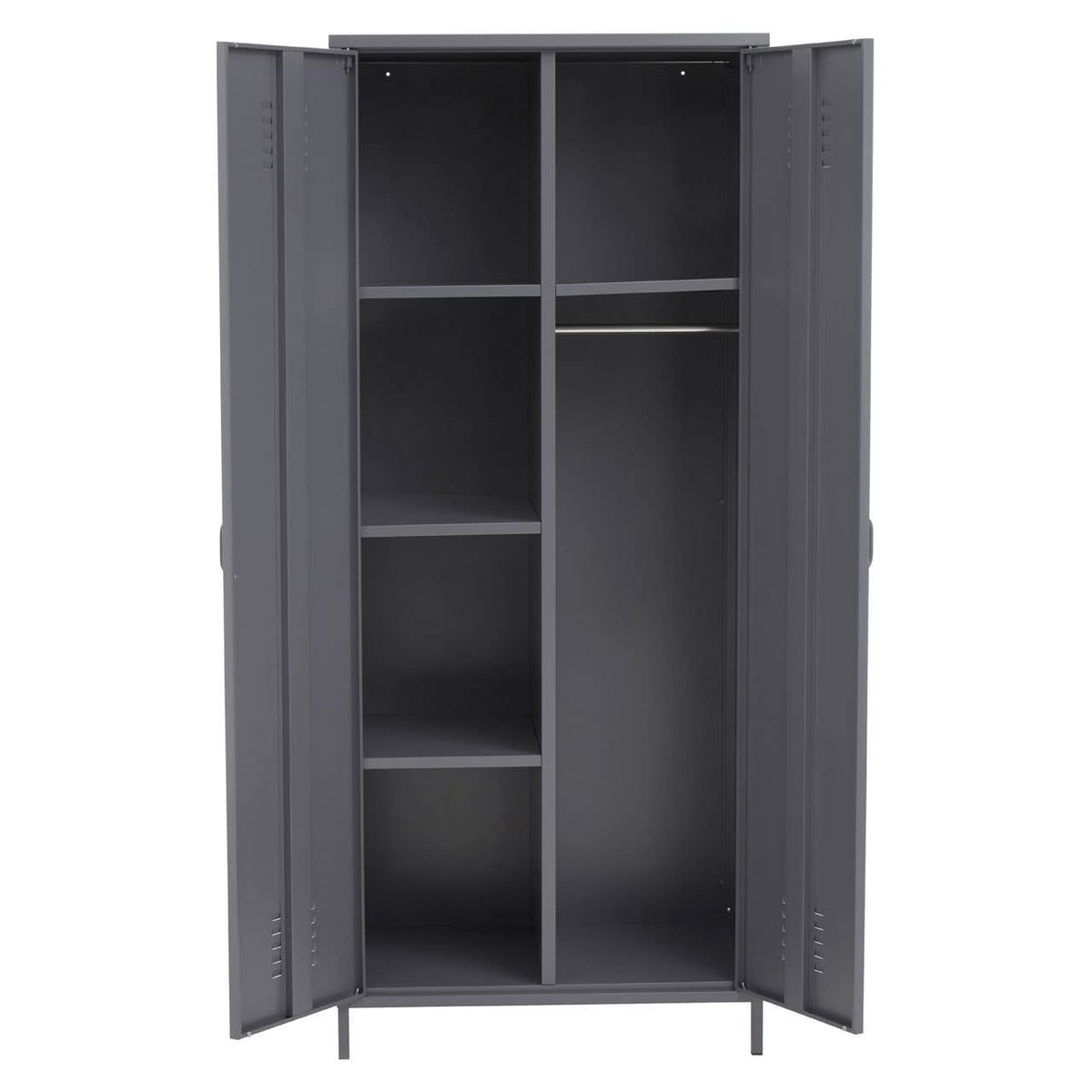 Grey metal locker wardrobe, two doors open, showing shelves and hanging rail