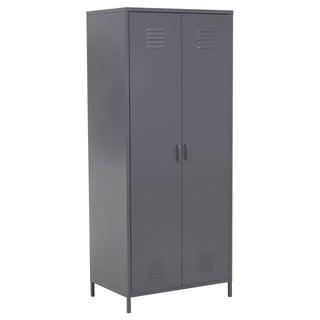 The CHOICEWARDROBE Ruston Grey Metal Locker Wardrobe is a tall, two-door industrial storage cabinet with shelves, a hanging rail, ventilation slots, black handles, and stands on four short legs.