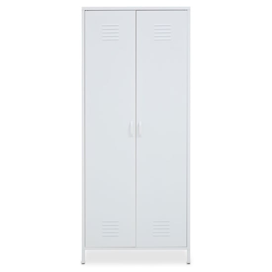 White metal locker wardrobe with two doors, ventilation slots, and industrial style.