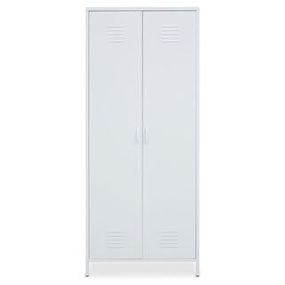 The CHOICEWARDROBE Ruston White Metal Locker Wardrobe is a tall, two-door cabinet with handles, ventilation slots, shelves, and a hanging rail. Ideal for industrial storage, it stands on four short legs for added stability.