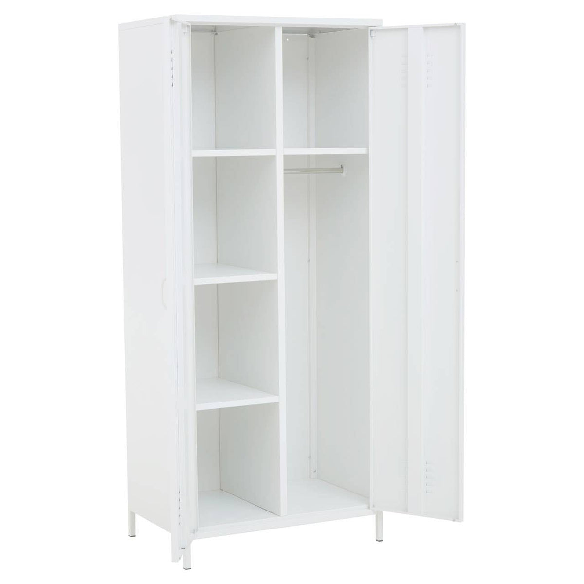 Two-door white metal locker wardrobe, Ruston model, with left shelves and right hanging rail.