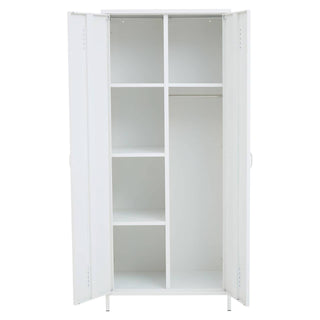 The CHOICEWARDROBE Ruston White Metal Locker Wardrobe has two open doors, adjustable shelves on the left, a hanging rail on the upper right, and two lower shelves for efficient industrial storage. The cabinet is empty.