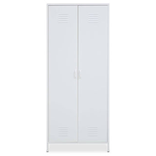 The CHOICEWARDROBE Ruston White Metal Locker Wardrobe features 2 doors with handles and vent slits, shelves, a hanging rail, and stands on 4 short legs. This industrial cabinet is finished in white metal and shown against a white background.