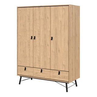 The CHOICEWARDROBE Rynok 150 cm 3 Door 3 Drawer Wardrobe in Jackson Hickory Oak features an industrial-Scandi design, black metal legs, modern storage, and a light wood finish with clean lines.