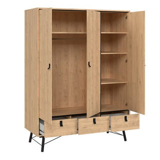 The CHOICEWARDROBE Rynok 150 cm Jackson Hickory Oak features 3 doors, 3 drawers, multiple right shelves, a central hanging area, and black metal legs—all open to reveal spacious industrial-Scandi storage.