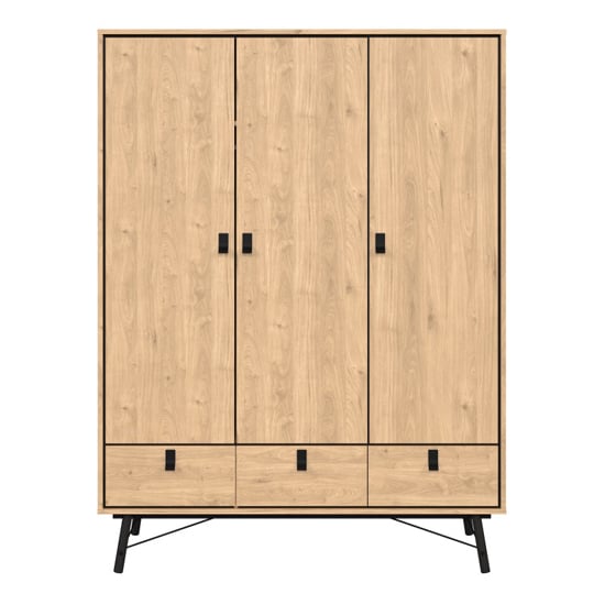 CHOICEWARDROBE Rynok 150cm 3 door 3 drawer wardrobe in Jackson Hickory Oak with black metal legs.