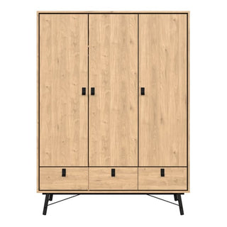 The CHOICEWARDROBE Rynok 150 cm 3 Door 3 Drawer Wardrobe in Jackson Hickory Oak offers an industrial-Scandi design, modern storage, black metal legs, and a light wood finish with sleek black handles.