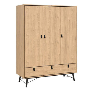 The CHOICEWARDROBE Rynok 150 cm 3 Door 3 Drawer Wardrobe in Jackson Hickory Oak features an industrial-Scandi design with black metal legs, three doors, and three drawers for modern storage.