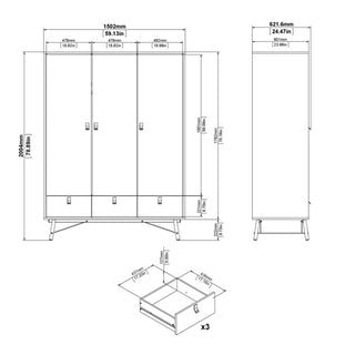 Technical drawing of the CHOICEWARDROBE Rynok 150 cm 3 Door 3 Drawer Wardrobe in Jackson Hickory Oak, showing front, side, and top views with dimensions (mm/inches) and detail of three lower drawers. Industrial-Scandi design with black metal legs.