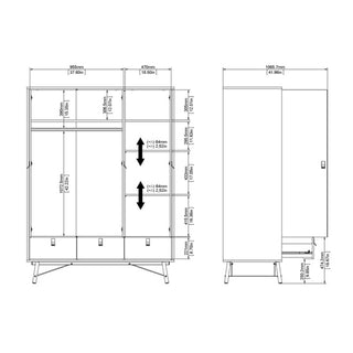Technical drawing of the CHOICEWARDROBE Rynok 150 cm 3 Door 3 Drawer Wardrobe in Jackson Hickory Oak, showing front and side views, detailed measurements (cm/in), interior compartments, and adjustable shelves.
