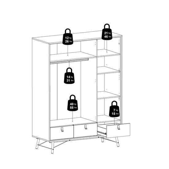 Line drawing of Jackson Hickory Oak 3 door 3 drawer wardrobe with weight limits