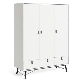 The CHOICEWARDROBE Rynok 150cm 3 Door Wooden Wardrobe features a matt white finish, modern metal legs, three spacious drawers, and ample hanging storage for a sleek, minimalist look.