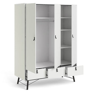 The CHOICEWARDROBE Rynok 150cm 3 Door Wooden Wardrobe in matt white features modern black metal legs, drawers, shelves on the right, and hanging rods on the left and center sections for versatile storage.