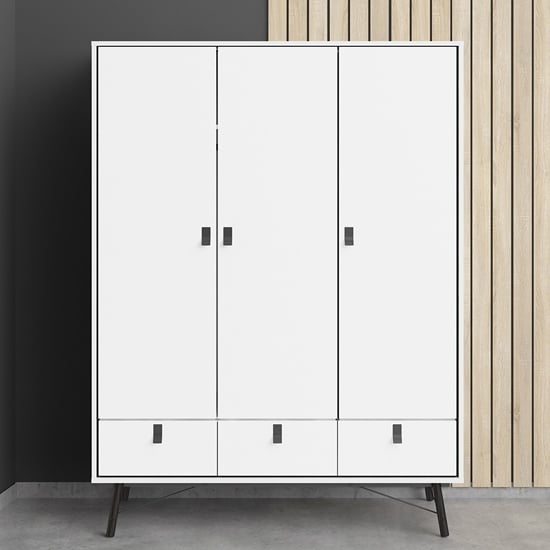 CHOICEWARDROBE Rynok 3 door matt white wardrobe with metal legs and drawers