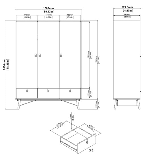 CHOICEWARDROBE Rynok 150cm 3-door matt white wardrobe technical drawing with dimensions and drawers.