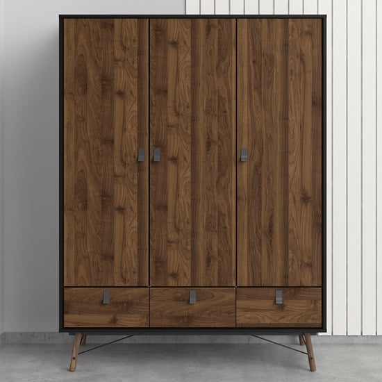 CHOICEWARDROBE Rynok 150cm 3-door wardrobe in matt black and walnut finish with three base drawers.