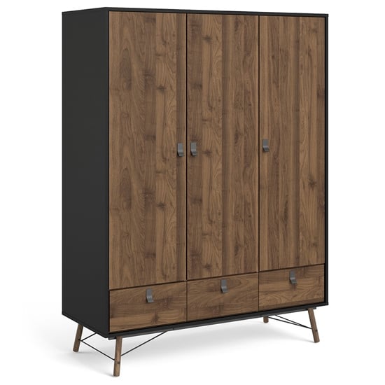 CHOICEWARDROBE Rynok 3 door wardrobe – 150cm matt black frame with walnut doors, angled view