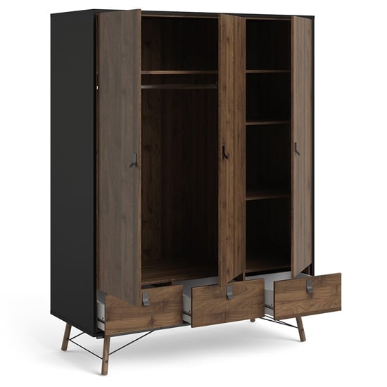 CHOICEWARDROBE Rynok 3-door wardrobe matt black & walnut finish - interior view with hanging rail and drawers