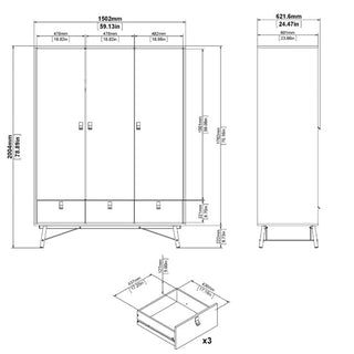 CHOICEWARDROBE Rynok 150cm 3 Door Wardrobe – Dimensions and Technical Specification Diagram