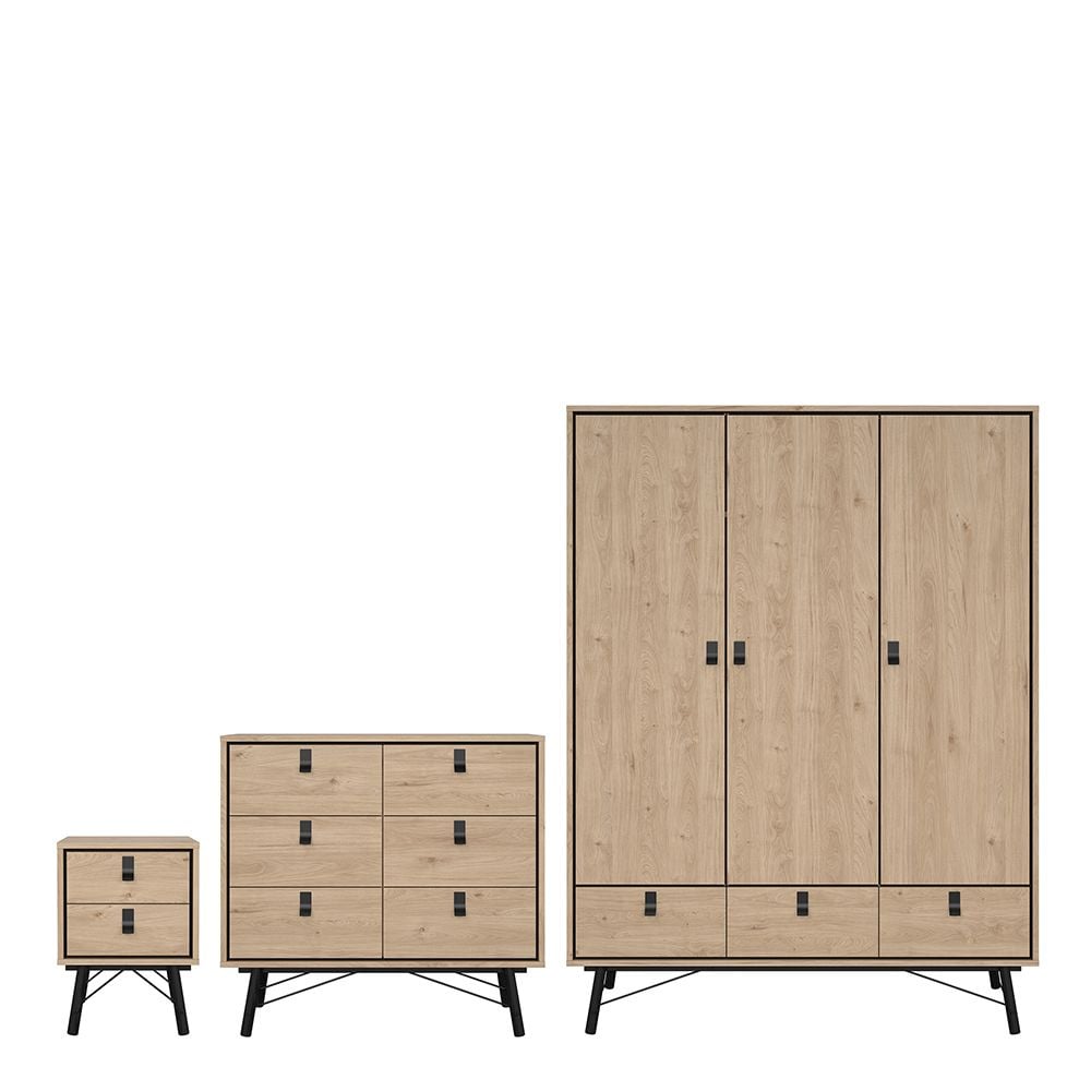 Oak & black 3 door wardrobe, 4 drawer chest & bedside table: Industrial loft bedroom set.