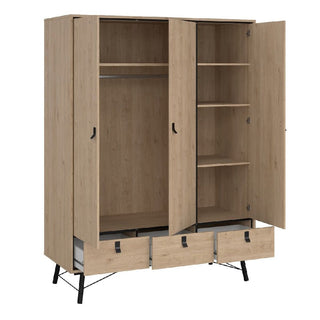 The CHOICEWARDROBE Rynok 3 Piece Bedroom Set includes a 3-door oak and black wardrobe with metal legs, matching 4-drawer chest, and bedside table—perfect for stylish industrial loft bedroom storage.