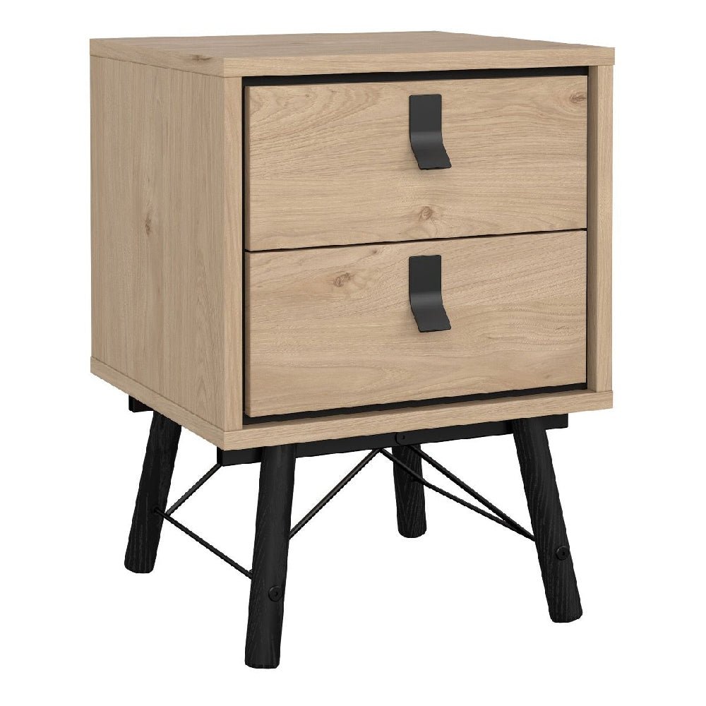 Oak and black industrial loft bedside table with metal legs | 2 drawer design