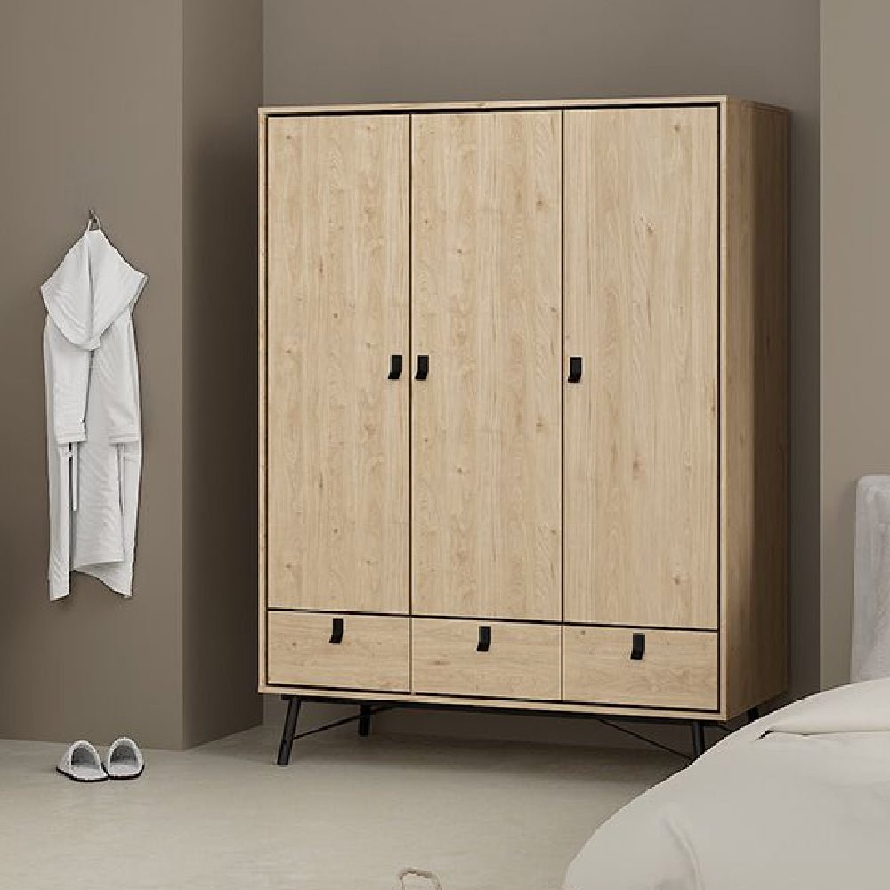 Oak 3 Door Wardrobe | Industrial Loft Bedroom Furniture Set | Metal Legs