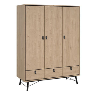The CHOICEWARDROBE Rynok 3 Piece Set features a 3-door oak and black wardrobe with metal legs, blending industrial loft style. Part of the set: 3-door wardrobe, 4-drawer chest & bedside table.