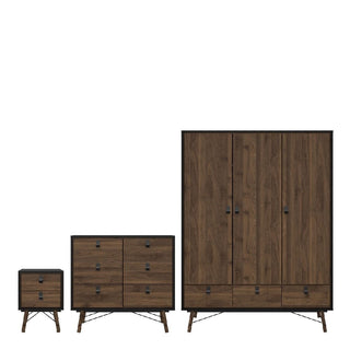 The CHOICEWARDROBE Rynok 3 Piece Wooden Bedroom Furniture Set features a walnut & black finish, modern industrial style, with a 3-door wardrobe, chest of drawers, and bedside table.