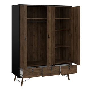 The CHOICEWARDROBE Rynok 3 Piece Wooden Bedroom Furniture Set in Walnut & Black features a 3-door wardrobe with hanging rods, shelves, and drawers—perfect for adding modern industrial style to your bedroom.
