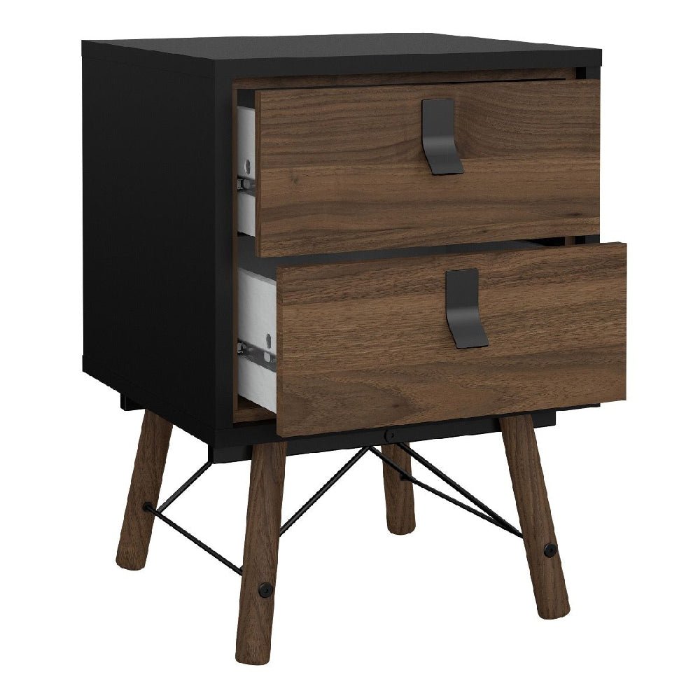 Walnut and black modern industrial bedside table with two drawers from CHOICEWARDROBE