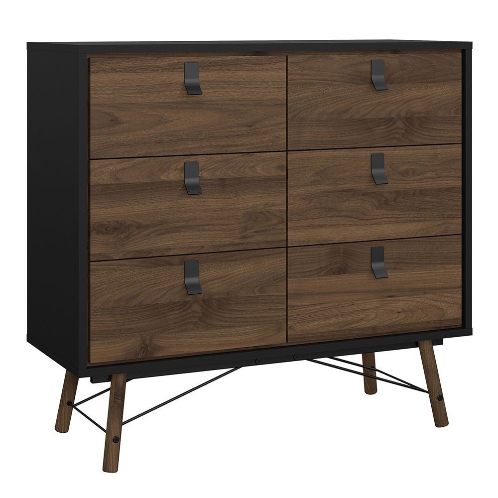 Walnut 6 drawer chest of drawers with black handles and frame | Modern Industrial