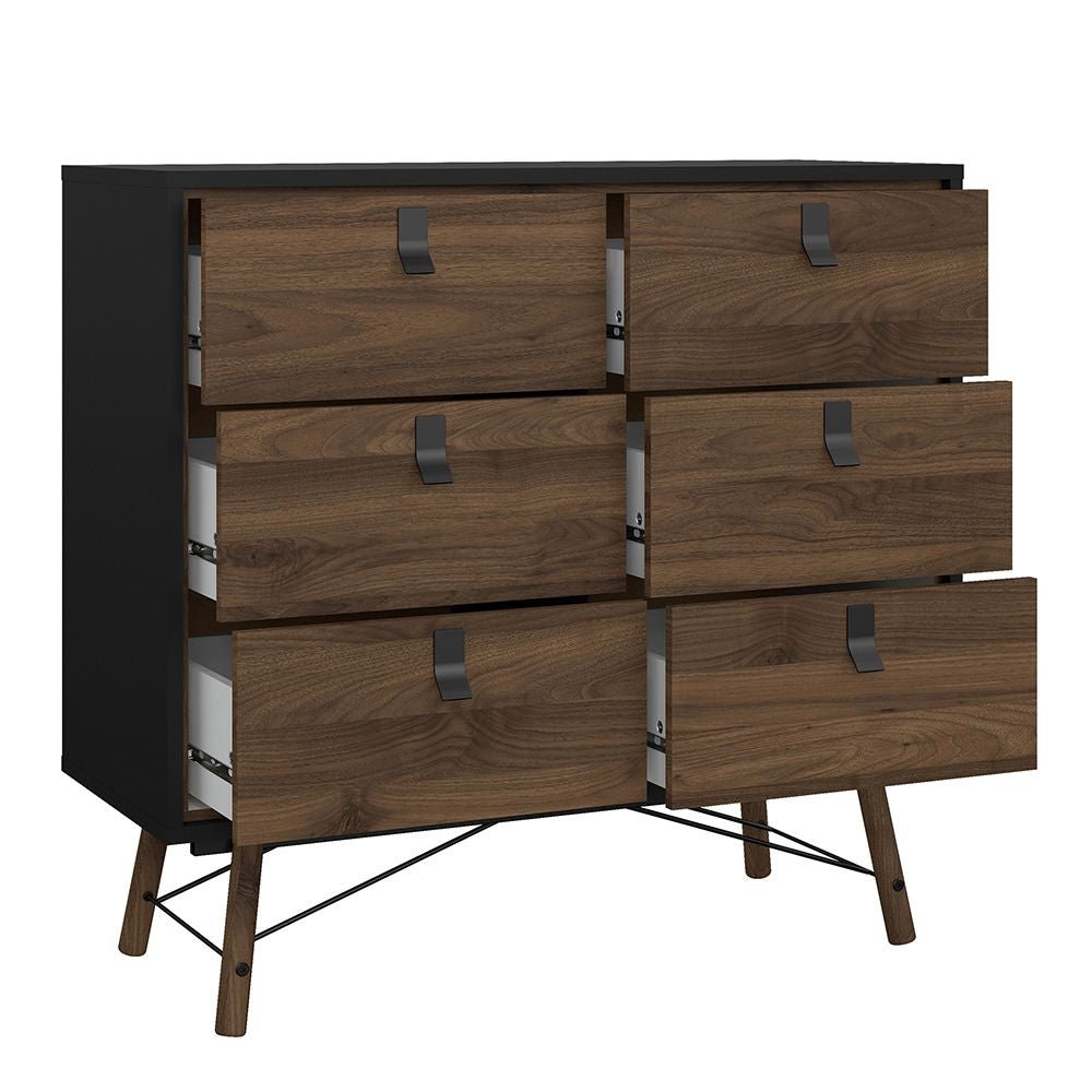 CHOICEWARDROBE Rynok walnut & black chest of drawers with 6 drawers, modern industrial design, angled legs