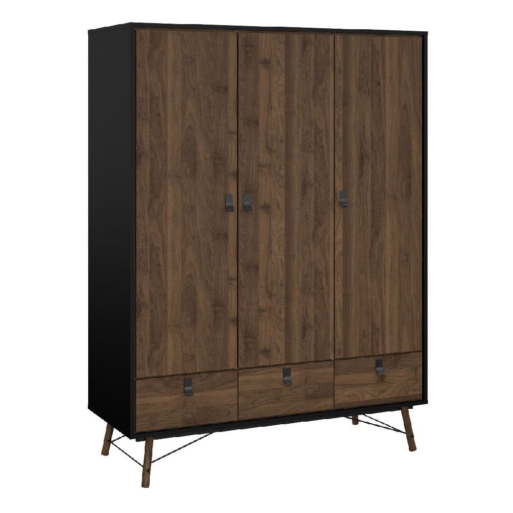 CHOICEWARDROBE Rynok 3 Door Walnut Wood Wardrobe with Black Accents - Modern Industrial Design