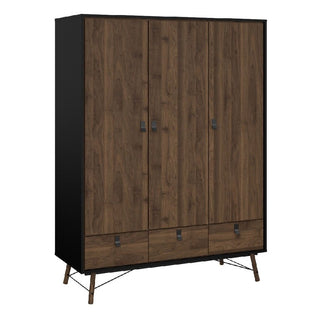 The CHOICEWARDROBE Rynok 3 Piece Set features a walnut and black finish, including a 3-door wardrobe with black handles and frame, plus matching chest of drawers and bedside table—perfect for modern industrial bedrooms.