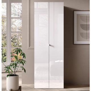 The CHOICEWARDROBE Salta 63cm Tall White High Gloss 2 Door Wardrobe stands against a beige wall by a window, with a potted plant to the left and framed abstract art hanging on the right.