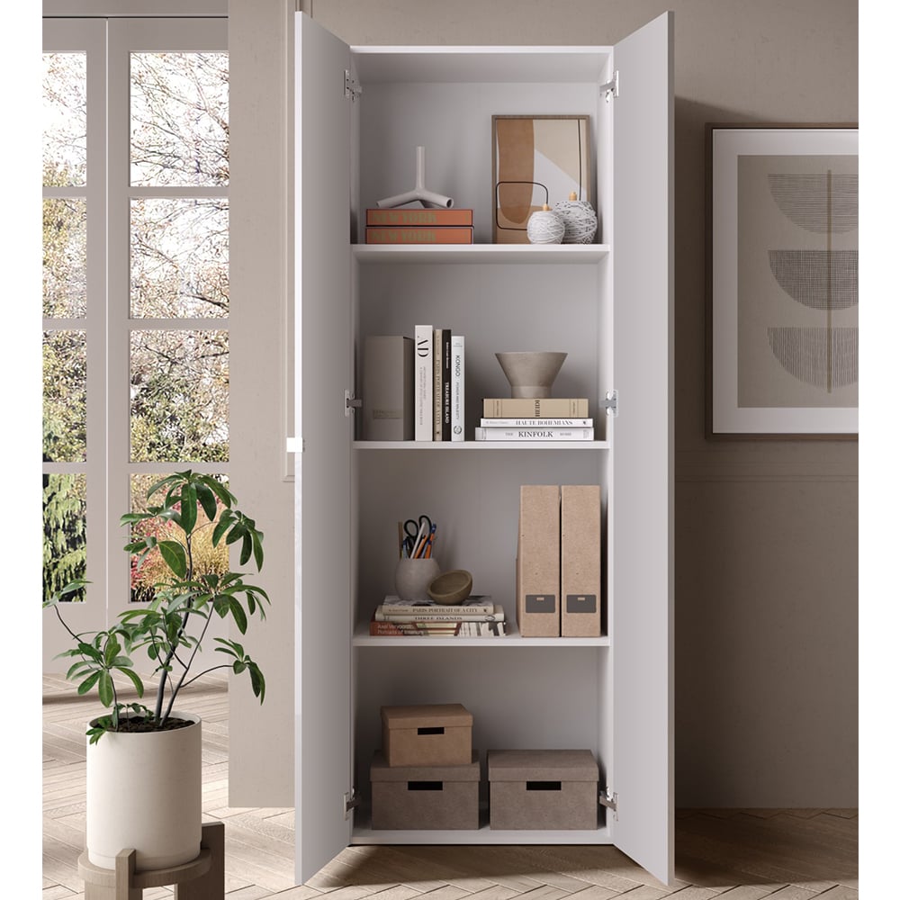 CHOICEWARDROBE Salta white high gloss slimline two-door wardrobe open with shelves and items