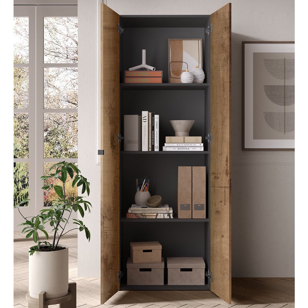 Open two-door wardrobe in Rustic Pearl Oak with Dark Graphite interior, showing shelves with books, boxes, and decor.