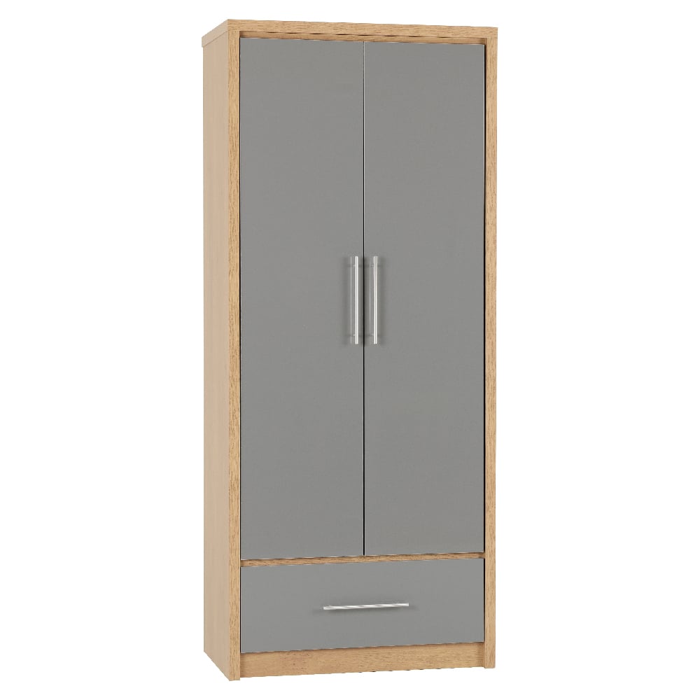 Samaira 76cm wardrobe with grey gloss doors, oak effect frame, 2 vertical door handles, and 1 drawer with horizontal handle.