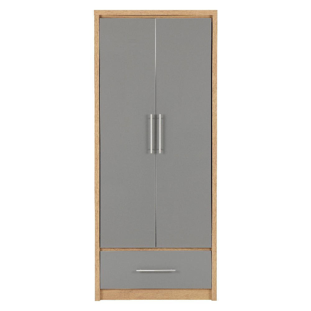Samaira 2 door wardrobe with grey gloss front and oak effect frame