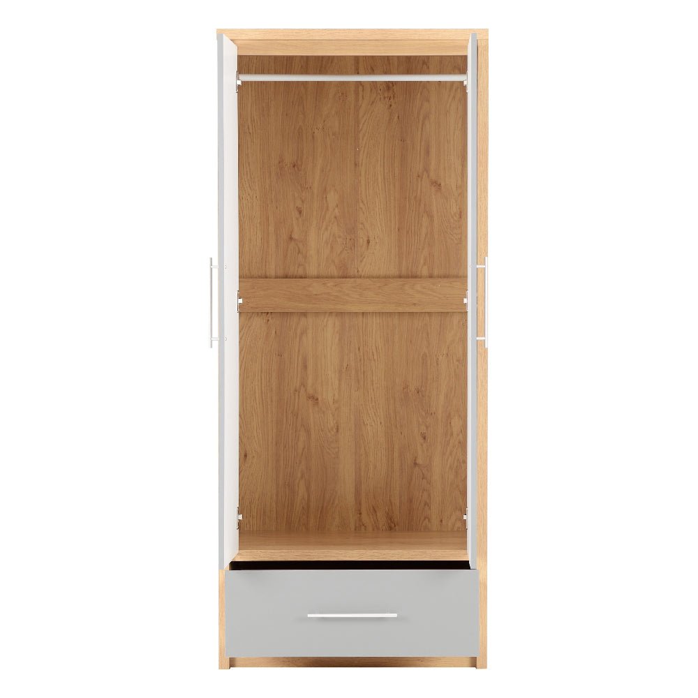 CHOICEWARDROBE Samaira 76cm two-door wardrobe with oak frame and grey gloss drawer