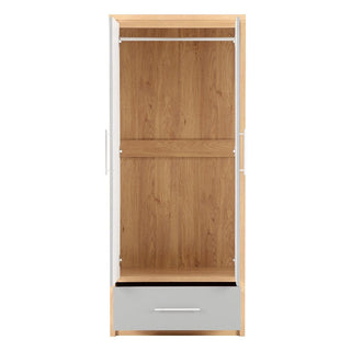 The CHOICEWARDROBE Samaira 2 Door 1 Drawer Wardrobe (76 cm) features grey gloss doors, an oak effect frame, a hanging rail, a spacious interior, and a bottom drawer—ideal for compact bedroom storage.