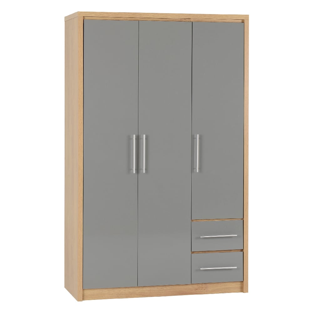 CHOICEWARDROBE Samaira 3-door, 2-drawer wardrobe in grey gloss and oak effect, 111cm wide.