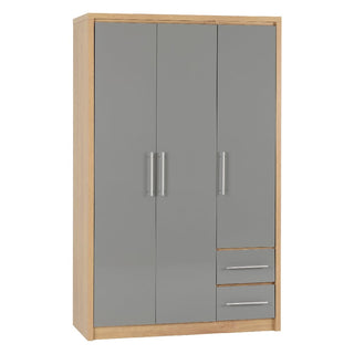 The CHOICEWARDROBE Samaira 3 Door 2 Drawer Wardrobe features a modern grey gloss front, oak effect frame, silver handles, and two small right-side drawers—perfect contemporary bedroom storage. Width: 111cm.