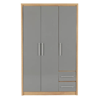 The CHOICEWARDROBE Samaira is a modern 3 door, 2 drawer wardrobe (111cm) with a grey gloss front, oak effect frame, and sleek handles—perfect for contemporary bedroom storage.
